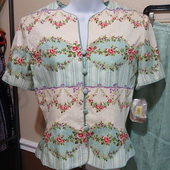 Adrianna Papell Petites Silk Skirt Suit Set 8P Sea Green Floral Designer NWT - Picture 2 of 9